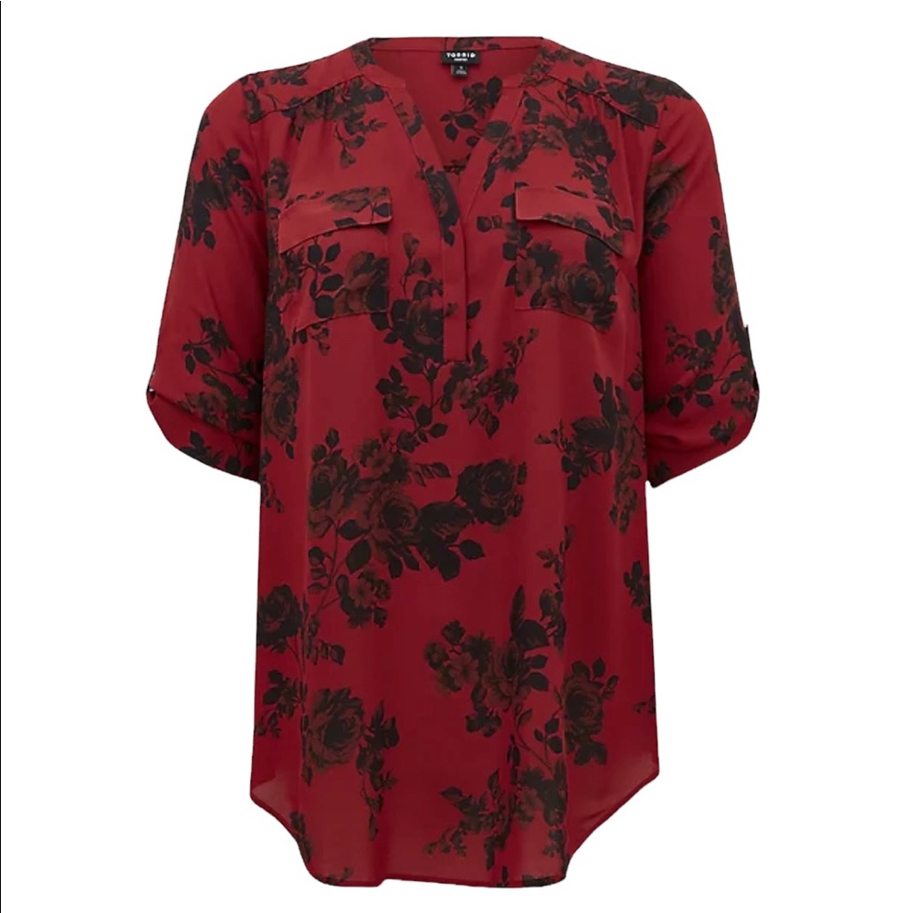 HARPER-RED FLORAL GEORGETTE PULLOVER TUNIC BLOUSE